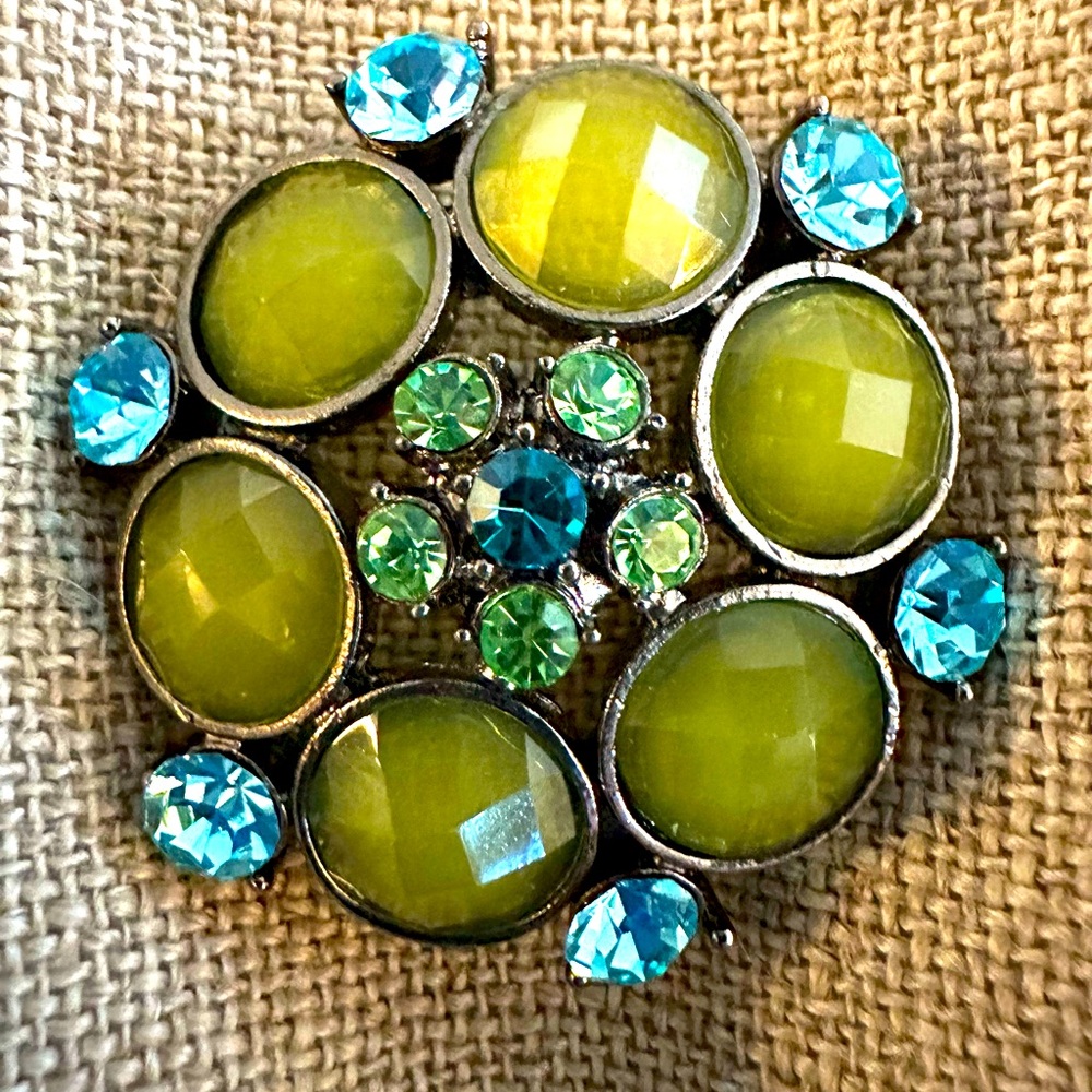 Art Deco Style Statement Brooch Pin Rhinestones Crystals Faceted Faux Gems Blues